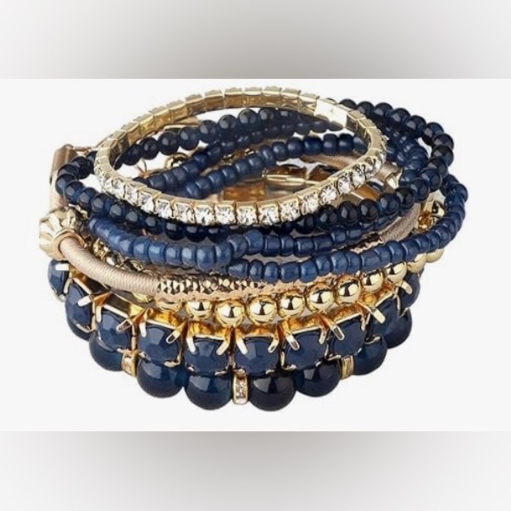 Elegant Gold and Blue Beaded Bracelet Set